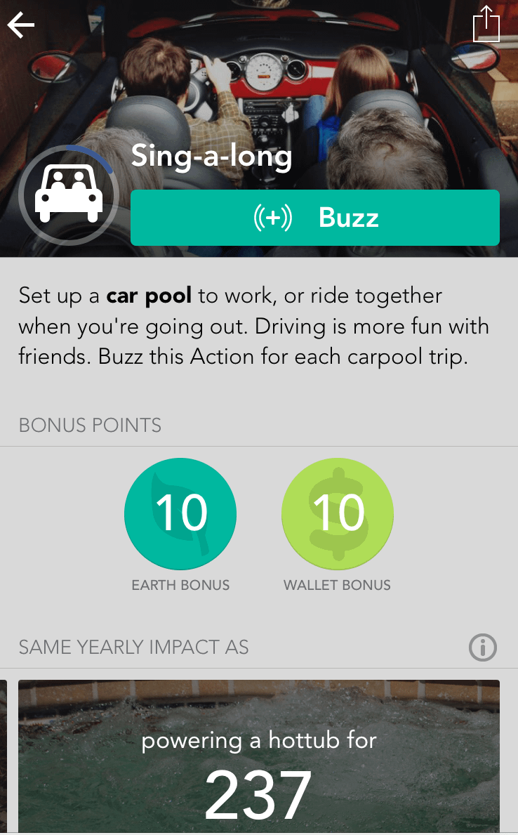 Screenshot of my JouleBug carpooling activity